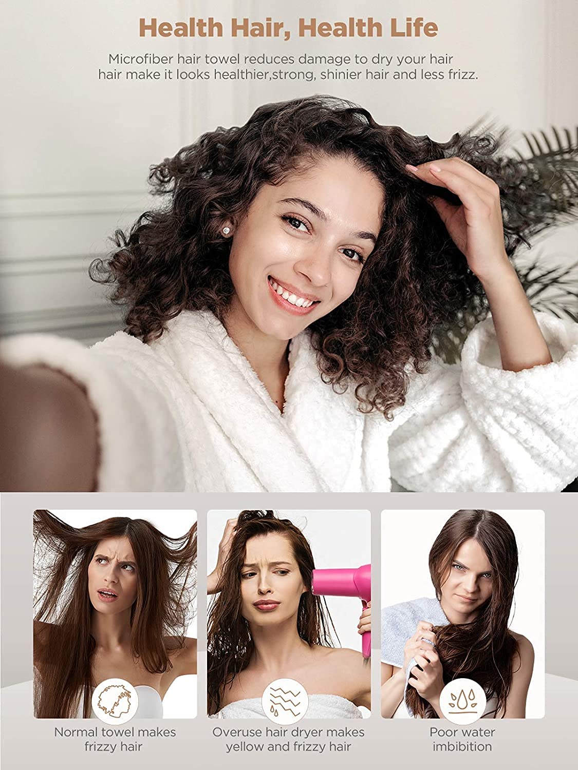 Hicober Microfiber towel for hair, 3 packs of turbantes for mojado hair, dry towels for hair, for women, anti-inking (blue, gray, pink)