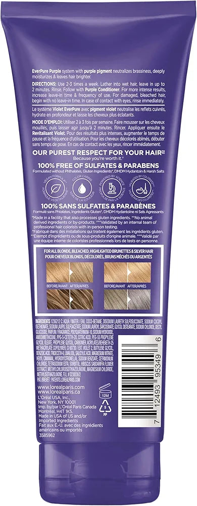 L’Oreal Paris Sulfate Free Brass Toning Purple Shampoo for Blonde, Bleached, Silver, or Brown Highlighted Hair, EverPure, 6.8 Fl Oz