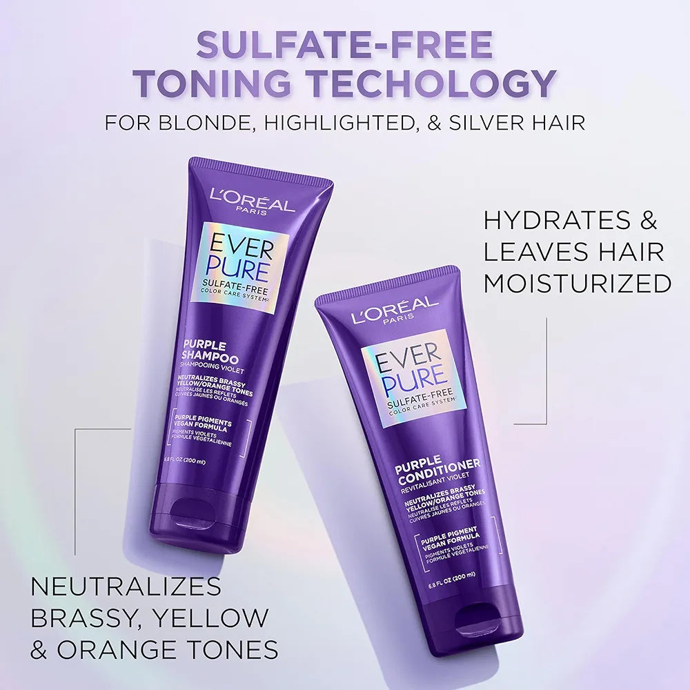 L’Oreal Paris Sulfate Free Brass Toning Purple Shampoo for Blonde, Bleached, Silver, or Brown Highlighted Hair, EverPure, 6.8 Fl Oz